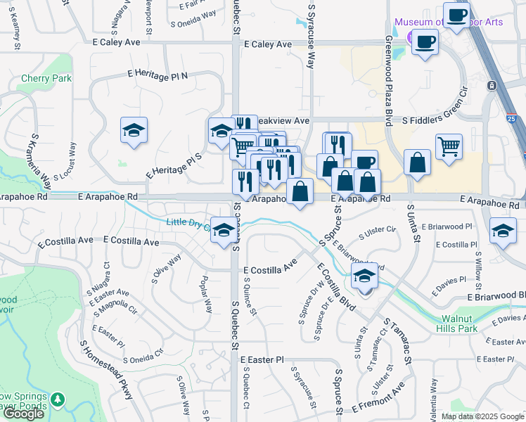 map of restaurants, bars, coffee shops, grocery stores, and more near 7400 East Arapahoe Road in Centennial