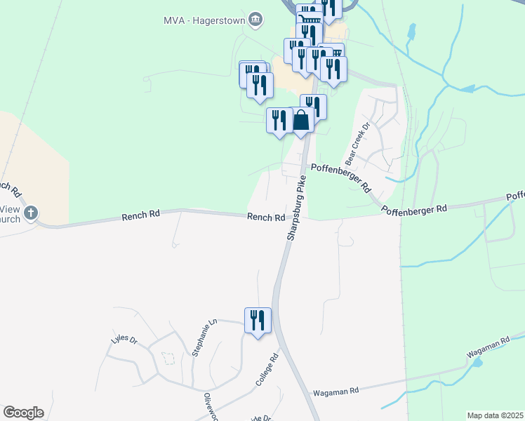 map of restaurants, bars, coffee shops, grocery stores, and more near 18312 Rench Road in Hagerstown
