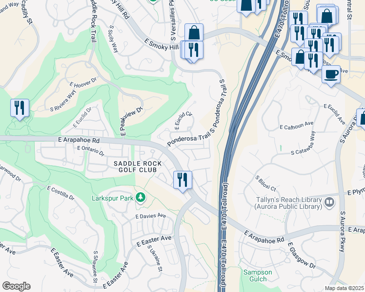 map of restaurants, bars, coffee shops, grocery stores, and more near 6725 South Versailles Way in Aurora