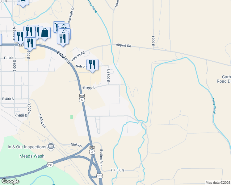 map of restaurants, bars, coffee shops, grocery stores, and more near 1680 East 300 South in Price
