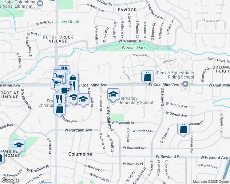 map of restaurants, bars, coffee shops, grocery stores, and more near 6246 West Coal Mine Place in Littleton