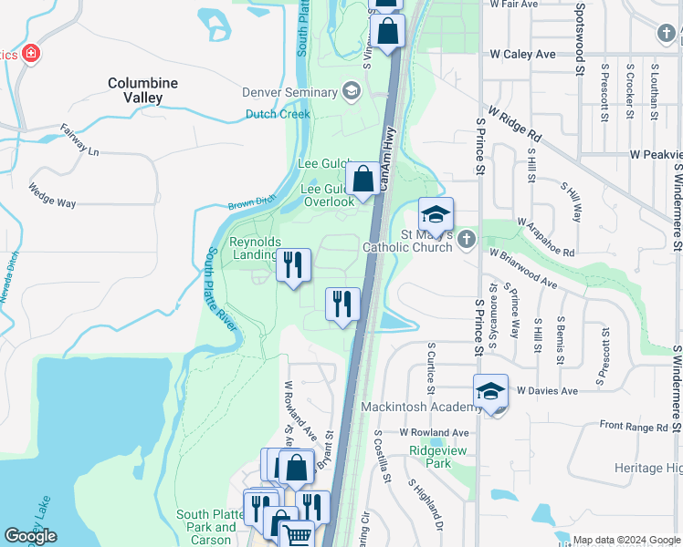 map of restaurants, bars, coffee shops, grocery stores, and more near 6705 South Santa Fe Drive in Littleton