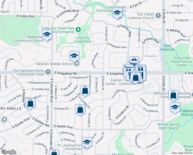 map of restaurants, bars, coffee shops, grocery stores, and more near 6618 South Cherry Street in Centennial