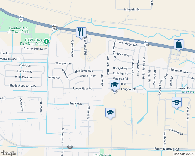 map of restaurants, bars, coffee shops, grocery stores, and more near 1693 Round Up Road in Fernley