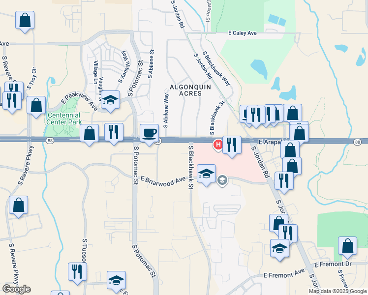map of restaurants, bars, coffee shops, grocery stores, and more near 13857 East Arapahoe Place in Centennial