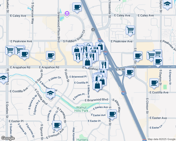 map of restaurants, bars, coffee shops, grocery stores, and more near 6734 South Willow Street in Centennial
