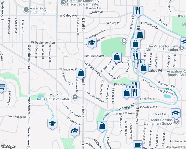 map of restaurants, bars, coffee shops, grocery stores, and more near 6811 South Cherokee Street in Littleton