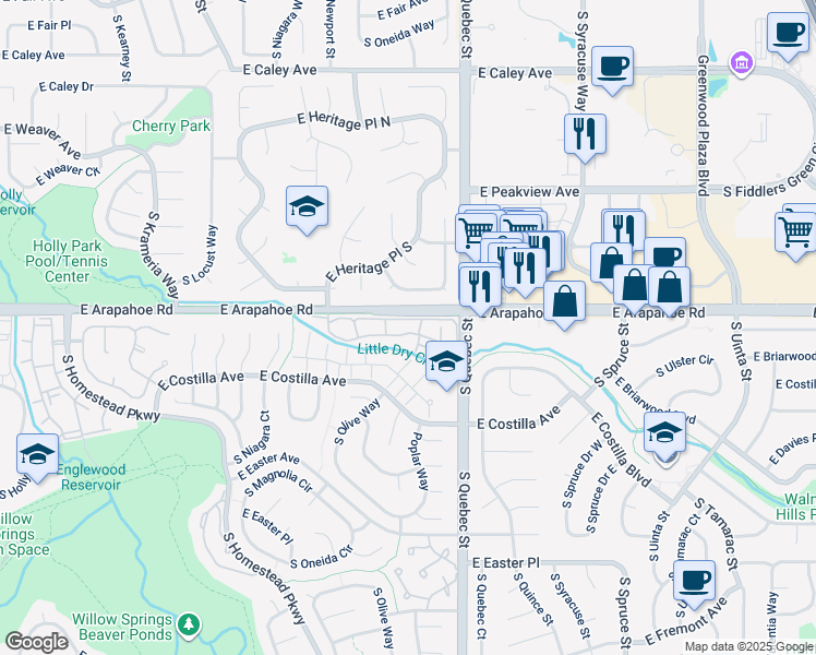 map of restaurants, bars, coffee shops, grocery stores, and more near 7070 East Briarwood Circle in Centennial