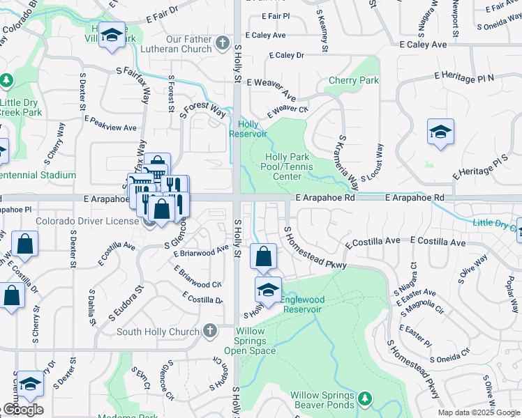 map of restaurants, bars, coffee shops, grocery stores, and more near 6800 South Holly Circle in Centennial