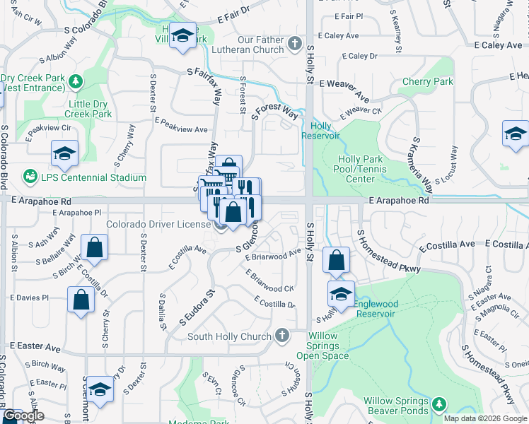 map of restaurants, bars, coffee shops, grocery stores, and more near 6750 South Glencoe Street in Centennial