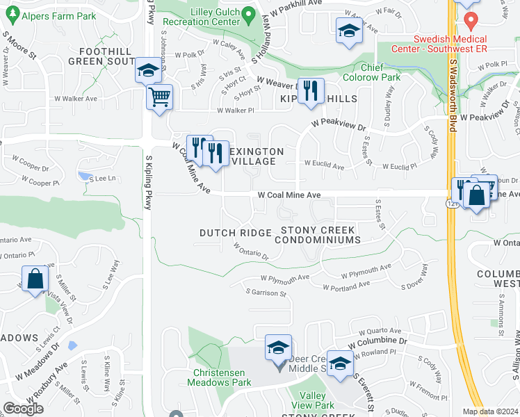 map of restaurants, bars, coffee shops, grocery stores, and more near 6820 South Holland Way in Littleton
