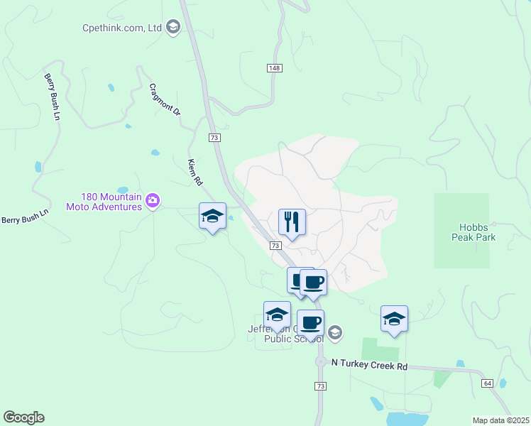 map of restaurants, bars, coffee shops, grocery stores, and more near 27496 Spruce Lane in Evergreen