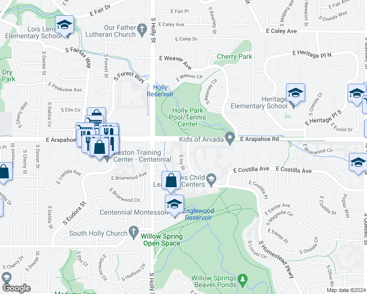 map of restaurants, bars, coffee shops, grocery stores, and more near 6711 South Ivy Way in Centennial