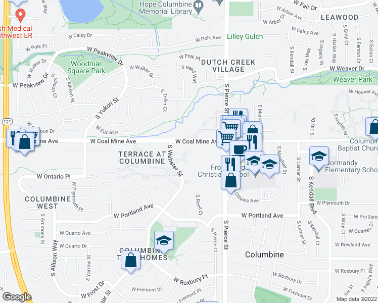 map of restaurants, bars, coffee shops, grocery stores, and more near 6754 South Webster Street in Littleton
