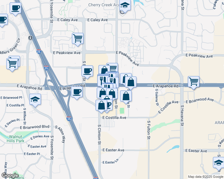 map of restaurants, bars, coffee shops, grocery stores, and more near 9680 East Arapahoe Road in Greenwood Village
