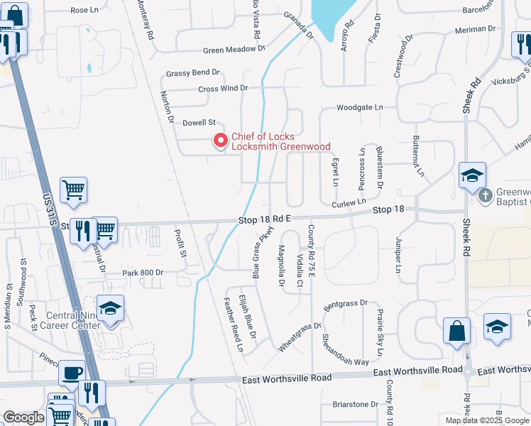 map of restaurants, bars, coffee shops, grocery stores, and more near 779 Alvey Court in Greenwood