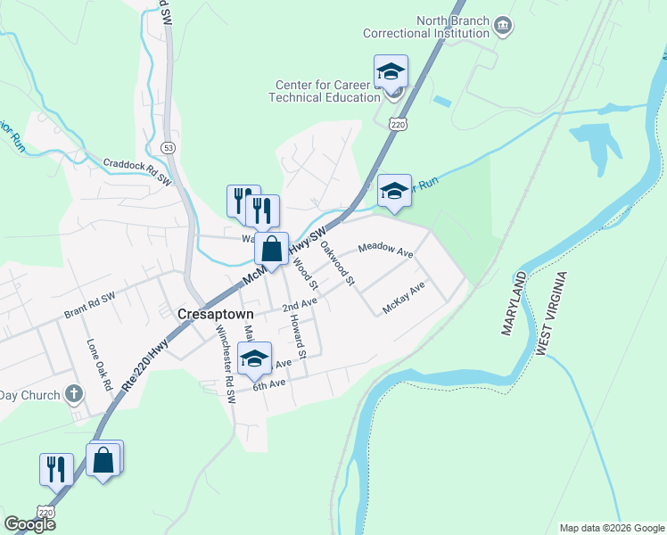 map of restaurants, bars, coffee shops, grocery stores, and more near 13007 2nd Avenue in Cresaptown