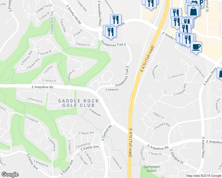 map of restaurants, bars, coffee shops, grocery stores, and more near 23003 East Ontario Drive in Aurora