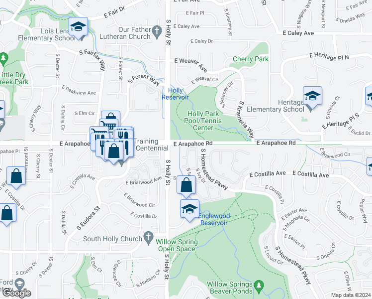 map of restaurants, bars, coffee shops, grocery stores, and more near 6761 South Ivy Way in Centennial
