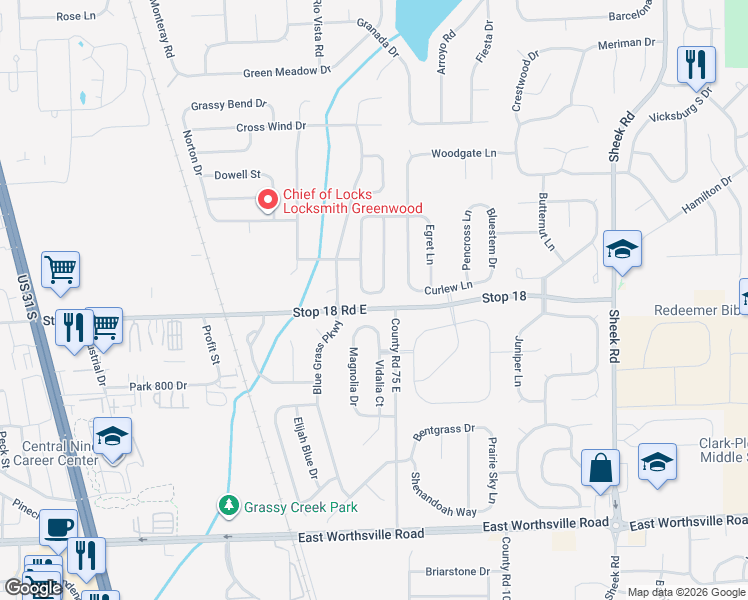 map of restaurants, bars, coffee shops, grocery stores, and more near 1627 Vidalia Court in Greenwood