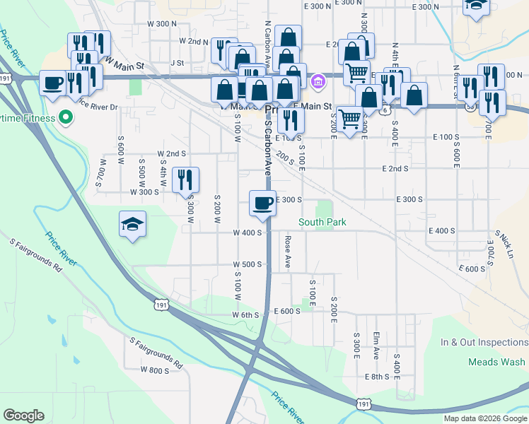 map of restaurants, bars, coffee shops, grocery stores, and more near 328 South Carbon Avenue in Price