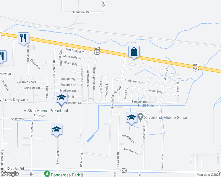 map of restaurants, bars, coffee shops, grocery stores, and more near 1412 Indian Trail in Fernley