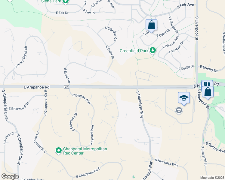 map of restaurants, bars, coffee shops, grocery stores, and more near 6785 South Gibraltar Street in Centennial
