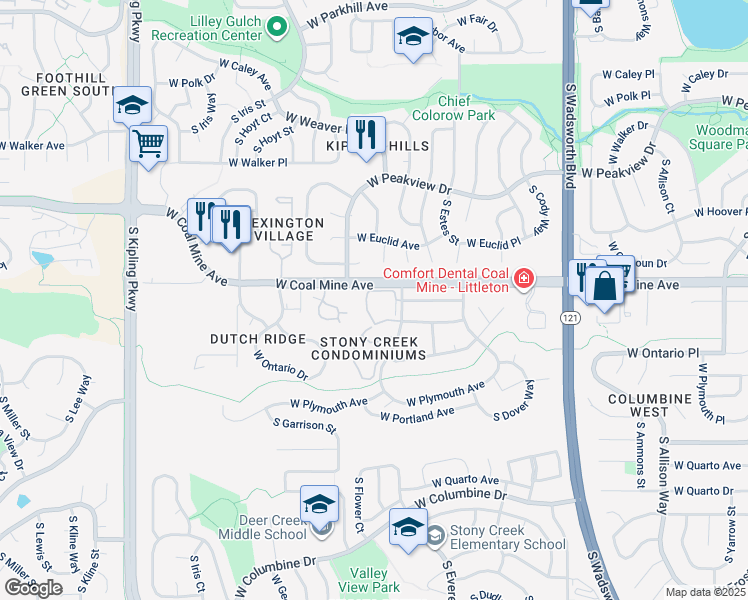 map of restaurants, bars, coffee shops, grocery stores, and more near 6715 South Field Street in Littleton