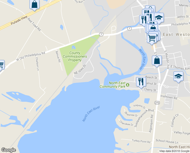map of restaurants, bars, coffee shops, grocery stores, and more near 107 Northeast Isles Drive in North East