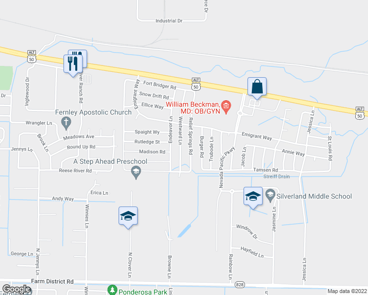map of restaurants, bars, coffee shops, grocery stores, and more near 1833 Westward Lane in Fernley