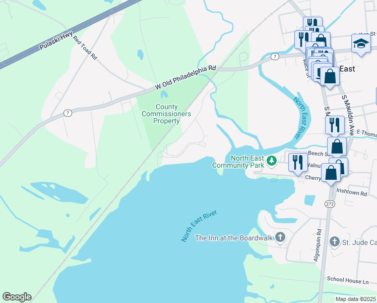 map of restaurants, bars, coffee shops, grocery stores, and more near 65 Northeast Isles Drive in North East