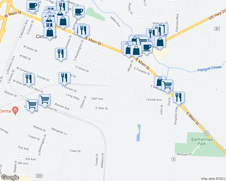 map of restaurants, bars, coffee shops, grocery stores, and more near 508 Renick Avenue in Circleville