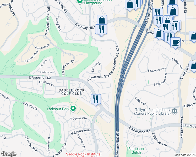 map of restaurants, bars, coffee shops, grocery stores, and more near 6754 South Winnipeg Circle in Aurora