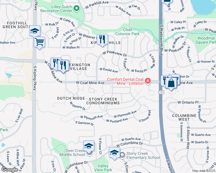 map of restaurants, bars, coffee shops, grocery stores, and more near 6775 South Field Street in Littleton