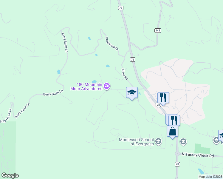 map of restaurants, bars, coffee shops, grocery stores, and more near 27916 Alabraska Lane in Evergreen