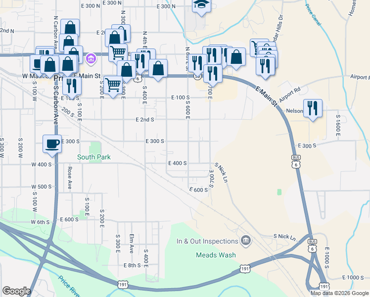 map of restaurants, bars, coffee shops, grocery stores, and more near 565 East 400 South in Price