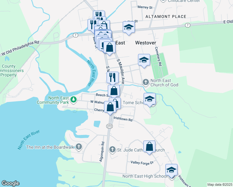 map of restaurants, bars, coffee shops, grocery stores, and more near 520 South Main Street in North East