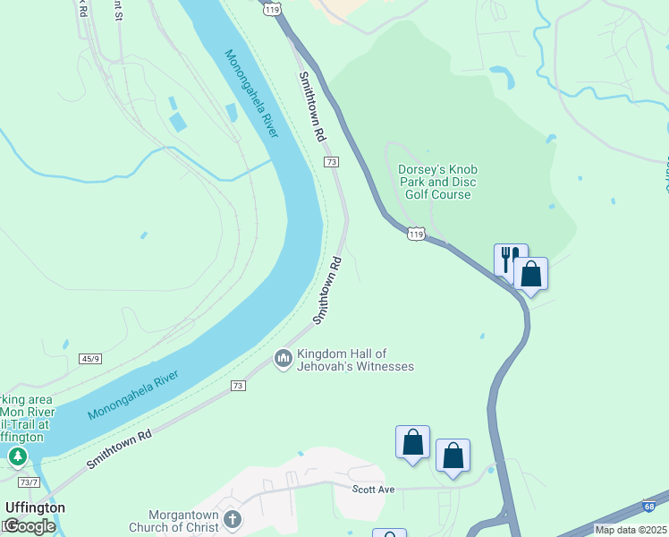 map of restaurants, bars, coffee shops, grocery stores, and more near 73 Smithtown Road in Morgantown