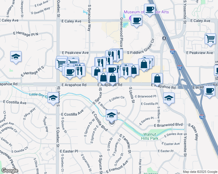 map of restaurants, bars, coffee shops, grocery stores, and more near 8008 East Arapahoe Court in Centennial