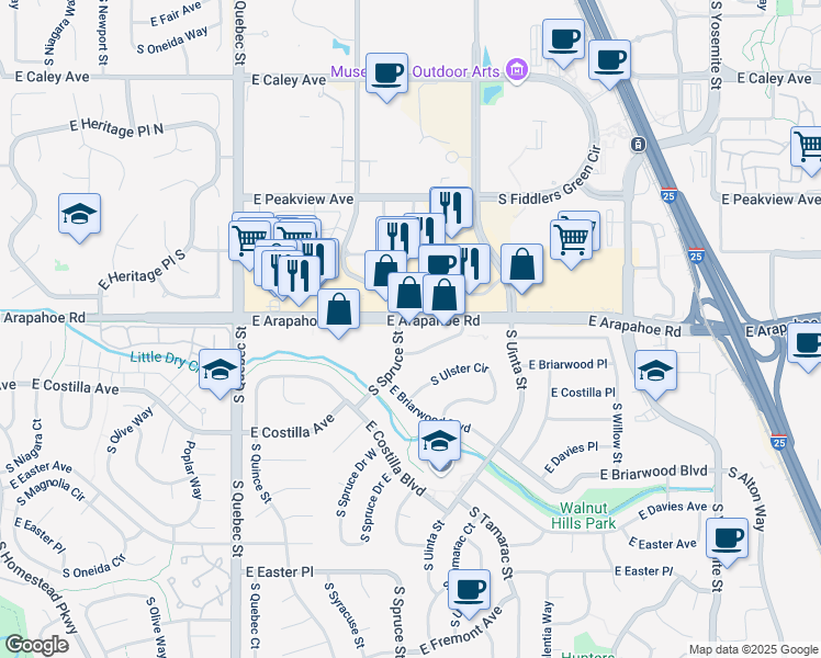 map of restaurants, bars, coffee shops, grocery stores, and more near 6767 South Spruce Street in Englewood