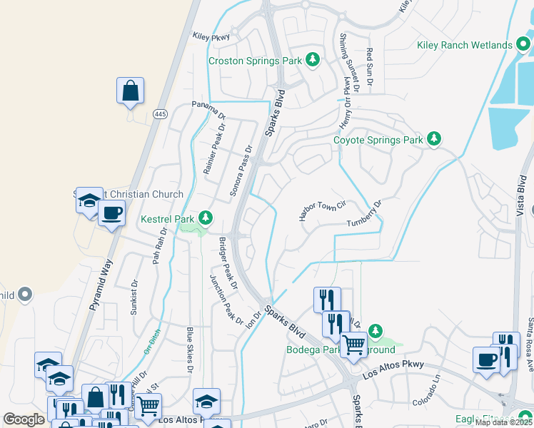 map of restaurants, bars, coffee shops, grocery stores, and more near 5682 Churchill Green Drive in Sparks