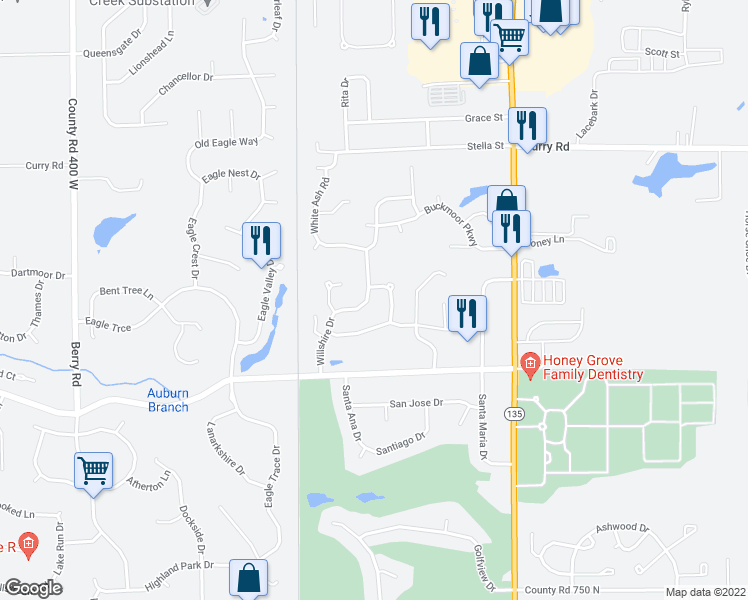 map of restaurants, bars, coffee shops, grocery stores, and more near 1417 Willshire Drive in Greenwood