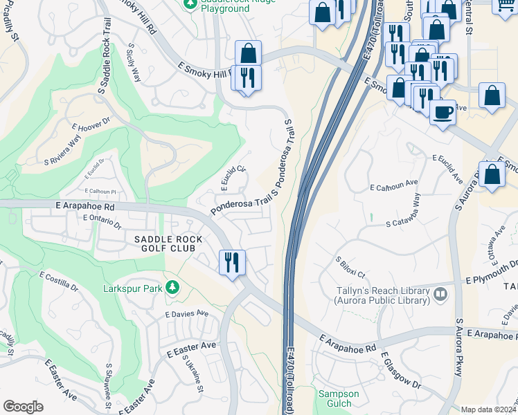 map of restaurants, bars, coffee shops, grocery stores, and more near 23043 East Ontario Drive in Aurora