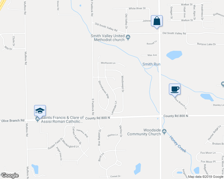 map of restaurants, bars, coffee shops, grocery stores, and more near 1467 Lavender Lane in Greenwood
