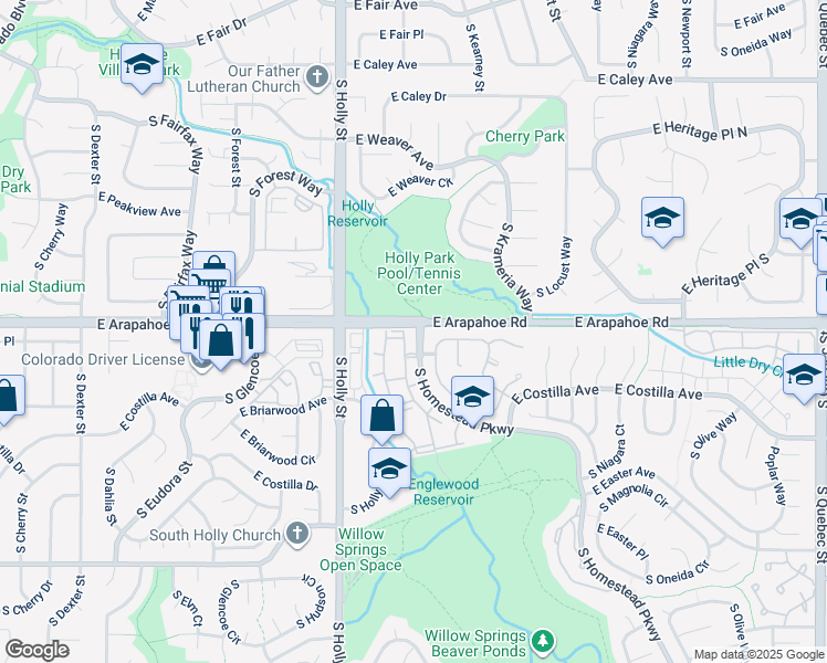 map of restaurants, bars, coffee shops, grocery stores, and more near 6711 South Ivy Way in Centennial