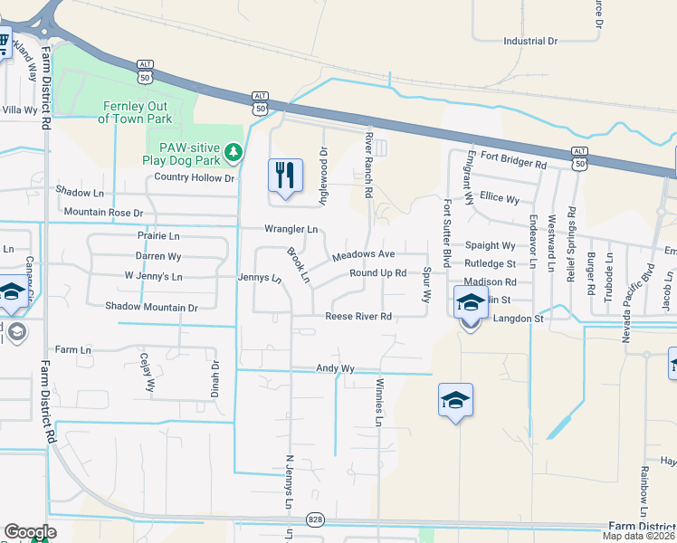map of restaurants, bars, coffee shops, grocery stores, and more near 511 Black Angus Circle in Fernley
