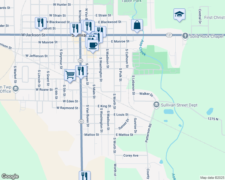 map of restaurants, bars, coffee shops, grocery stores, and more near 301-499 South Worth Street in Sullivan