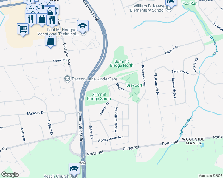 map of restaurants, bars, coffee shops, grocery stores, and more near 508 Nina Lane in Bear