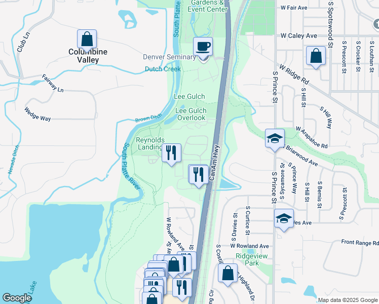 map of restaurants, bars, coffee shops, grocery stores, and more near 6705 South Santa Fe Drive in Littleton