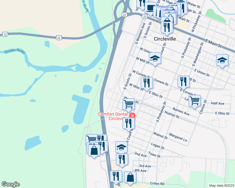 map of restaurants, bars, coffee shops, grocery stores, and more near 640 Maplewood Avenue in Circleville